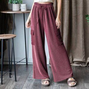 The Emily- Ribbed Drawstring Cargo Pants Burgundy